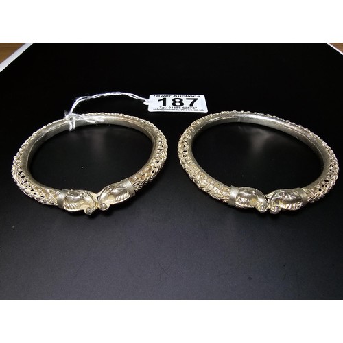 187 - 2x matching Sterling Silver ornate bangles featuring an elephant head and ornate filigree design bot... 