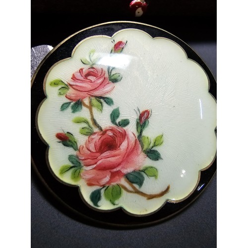 188 - Antique pretty 925 Silver Guilloche enamel brooch with a hand painted rose design marked to the rear... 