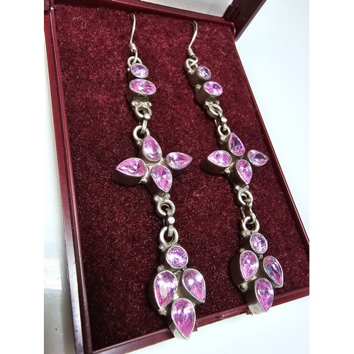 210 - Pair of stunning very long drop 925 Silver statement earrings inset with sparkly crystal pink CZ sto... 