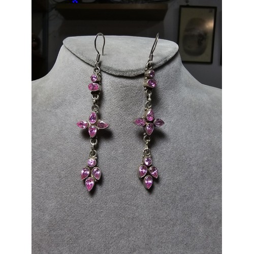 210 - Pair of stunning very long drop 925 Silver statement earrings inset with sparkly crystal pink CZ sto... 