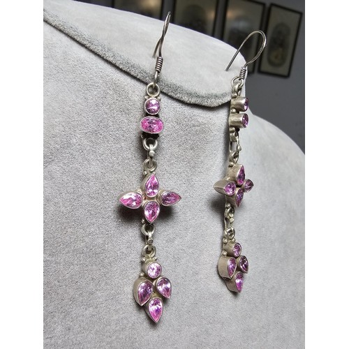 210 - Pair of stunning very long drop 925 Silver statement earrings inset with sparkly crystal pink CZ sto... 