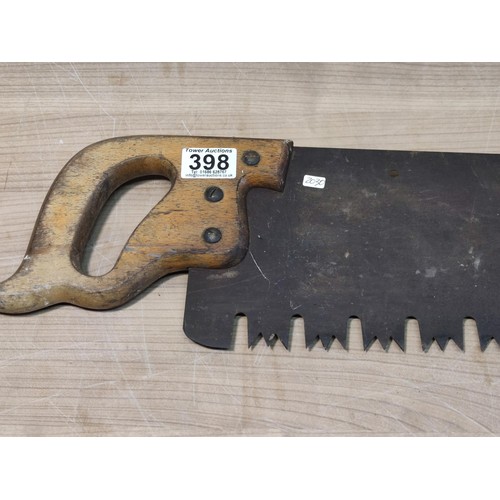 398 - A vintage 2 man wood saw with a good quality blade, blade measures 80cm in length with a weighted ha... 