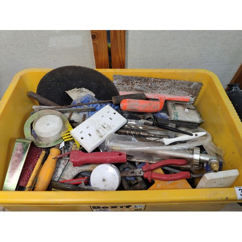 399 - 2 boxes containing a large collection of shed odds including augers, basin wrench, grinding disks, w... 