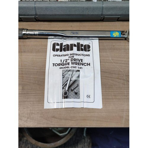 404 - A cased as new Clarke 1/2”  drive torque wrench for accurate torque settings, complete with instruct... 