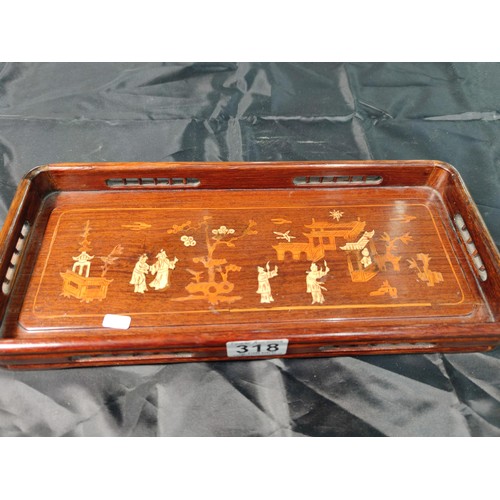 318 - Wooden oriental galleried tray inlaid with an oriental scene, along with 6x cut glass crystal sherry... 