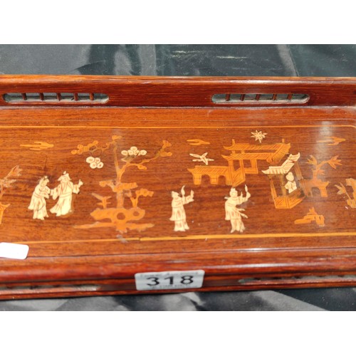 318 - Wooden oriental galleried tray inlaid with an oriental scene, along with 6x cut glass crystal sherry... 