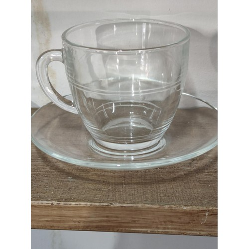 333 - A collection of 12 glass Duralex Gigogne Saint Gobaine Verre tempered glass cups and saucers along w... 