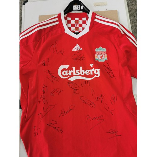 116 - A new with tags Official merchandise Liverpool FC football shirt from 2008 and signed by the players... 