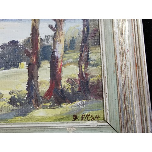 122 - A small oil on board of Torbay from Thatcha pines signed to the lower right F. Elliot. The oil on bo... 