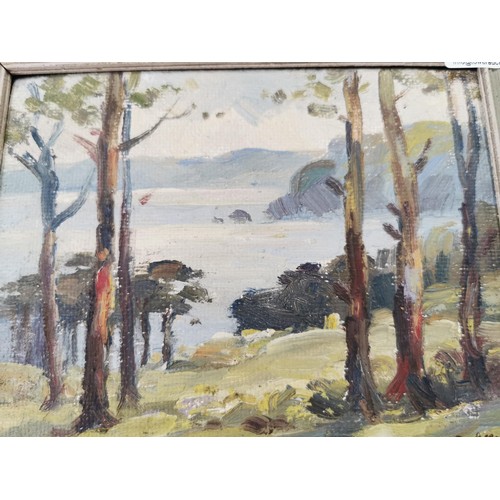 122 - A small oil on board of Torbay from Thatcha pines signed to the lower right F. Elliot. The oil on bo... 