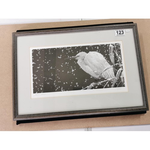 123 - A framed and glazed limited edition print of an egret by Terrance Lambert no. 37/300, hand signed to... 