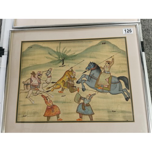 126 - 2 framed hand painted silk Indian Mughal painting depicting tiger hunting scenes, only 1 is glazed. ... 