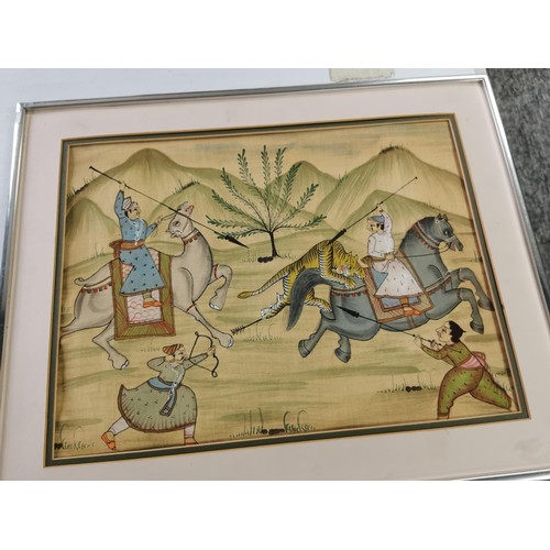 126 - 2 framed hand painted silk Indian Mughal painting depicting tiger hunting scenes, only 1 is glazed. ... 