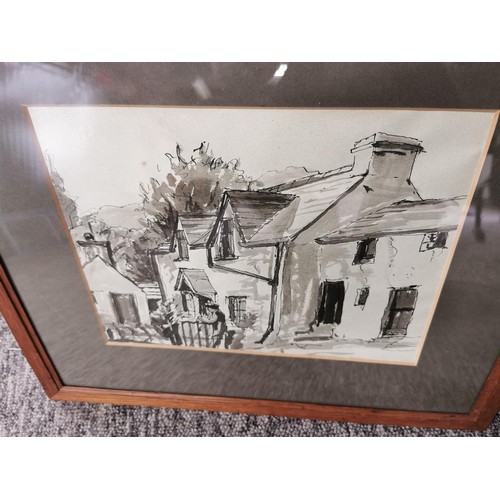 128 - A framed and glazed original antique drawing in ink wash depicting a farmhouse credited to Joseph He... 