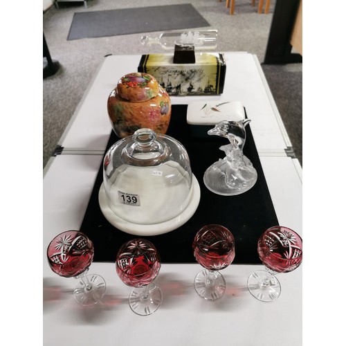 139 - A quantity of collectables including a set of 4 cranberry cut glass crystal sherry glasses along wit... 