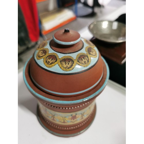 143 - A quantity of collectables including a studio pottery urn a Grecian style hand painted urn, a 2 tone... 