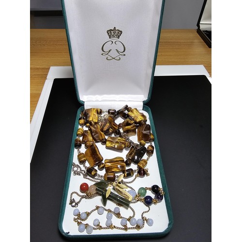 234 - Quantity of semi Precious stone jewellery to include 2x Tigers Eye beaded necklaces, Tigers Eye drop... 