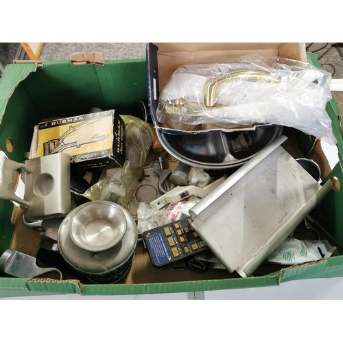 426 - A box of collectables including an Aladdin paraffin lamp, an ethnic mask ornament, a boxed as new br... 