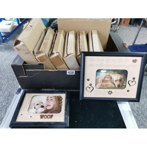 428 - 9 boxed pet remembrance photo frames with quotes on the frame. Largest frames measure 23cm high and ... 