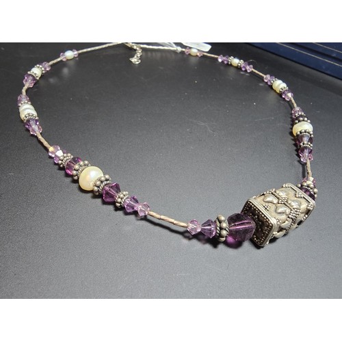 235 - A good vintage 925 Silver multi bead necklace with a ornate design featuring real Pearl beads and Am... 