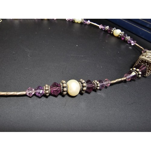 235 - A good vintage 925 Silver multi bead necklace with a ornate design featuring real Pearl beads and Am... 