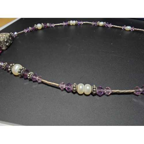 235 - A good vintage 925 Silver multi bead necklace with a ornate design featuring real Pearl beads and Am... 