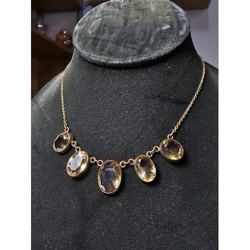 252 - Stunning 9ct Yellow Gold Dress Necklace inset with 5 large faceted natural Citrine gem stones. The l... 