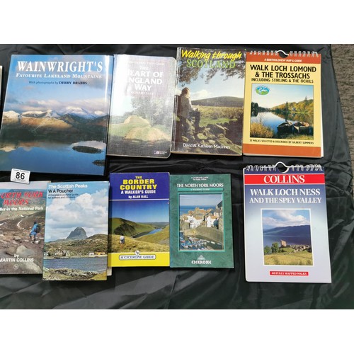 86 - A box containing a quantity of walking books including 7 Wainwrights Pictorial guides to the Lakelan... 