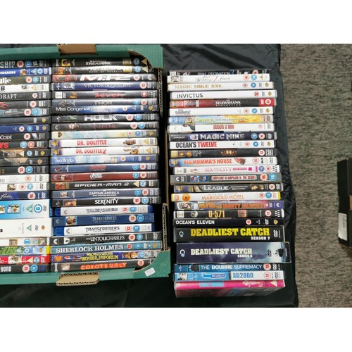 91 - A box containing a large quantity of over 100 DVD's including film, box sets, trilogies, including t... 