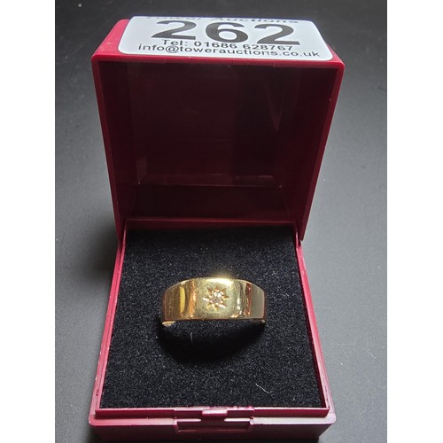 262 - 18ct Yellow Gold Gents Ring inset with a Diamond to the centre. The ring has a weight of 5.24 grams ... 