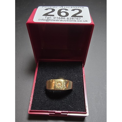 262 - 18ct Yellow Gold Gents Ring inset with a Diamond to the centre. The ring has a weight of 5.24 grams ... 