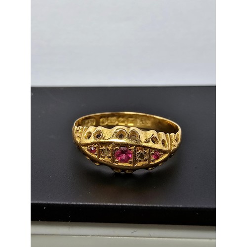 264 - An Antique Hallmarked 18ct Yellow Gold Ring inset with 3x Ruby gem stones and 2x Diamonds, Hallmarke... 