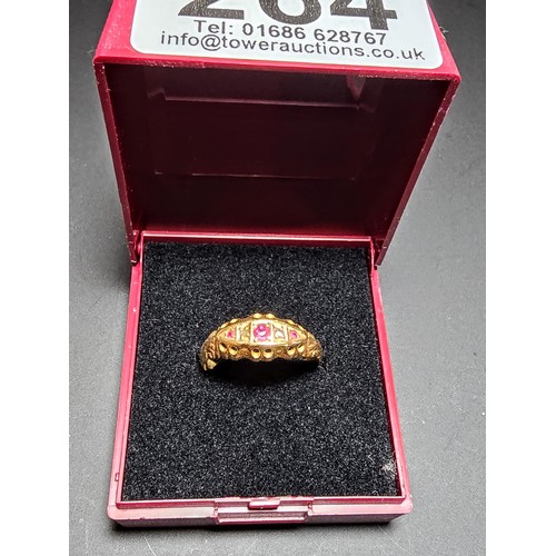 264 - An Antique Hallmarked 18ct Yellow Gold Ring inset with 3x Ruby gem stones and 2x Diamonds, Hallmarke... 