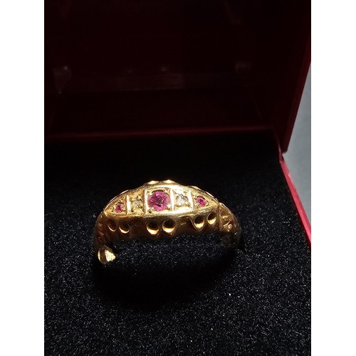 264 - An Antique Hallmarked 18ct Yellow Gold Ring inset with 3x Ruby gem stones and 2x Diamonds, Hallmarke... 