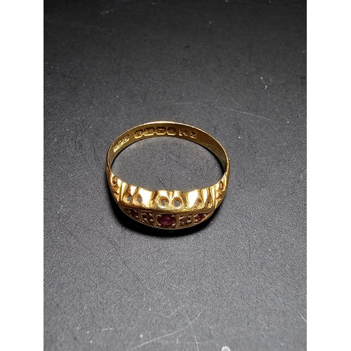 264 - An Antique Hallmarked 18ct Yellow Gold Ring inset with 3x Ruby gem stones and 2x Diamonds, Hallmarke... 