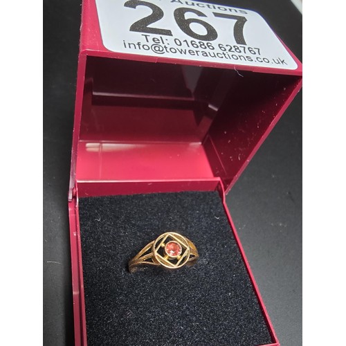 267 - An Antique Hallmarked 9ct Yellow Gold Ring inset with a pink Garnet stone, Hallmarked to Chester 191... 