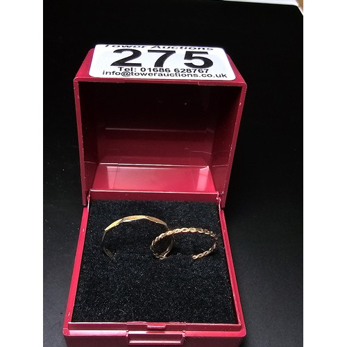 275 - 2x 9ct Yellow Gold Rings Both appear unmarked but test as 9ct Yellow Gold, The 2x rings have a combi... 