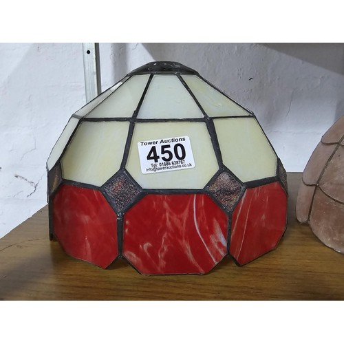 450 - A Tiffany style glass lampshade in red and cream along with a 1950's pink lampshade, both in overall... 