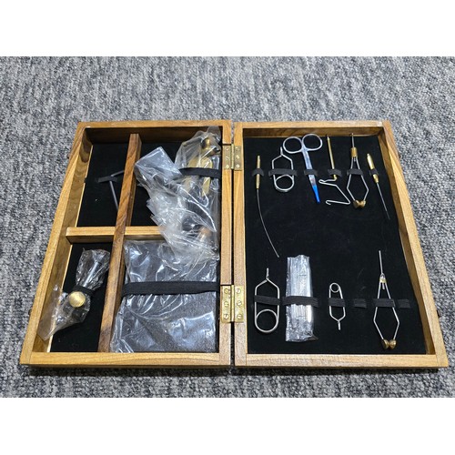 3 - Wooden cased fly fishing fly making kit with various tools for making flies in good condition