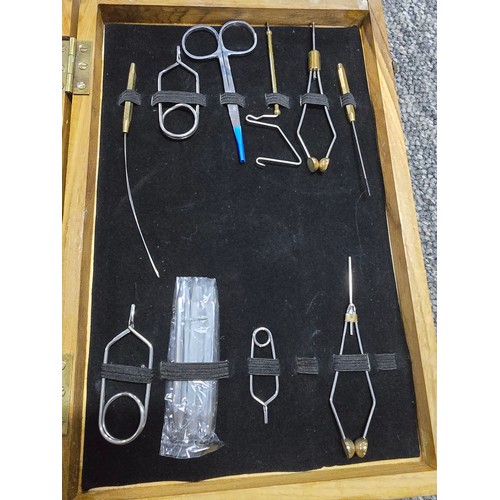 3 - Wooden cased fly fishing fly making kit with various tools for making flies in good condition