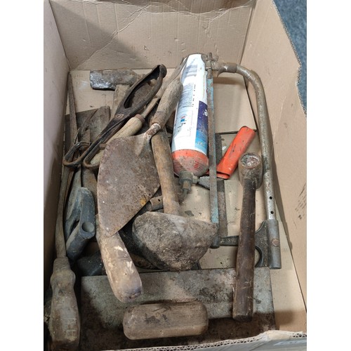 402 - 2 boxes of shed odds including a collection of vintage sickles, plasterers floats, gas blow torch, h... 