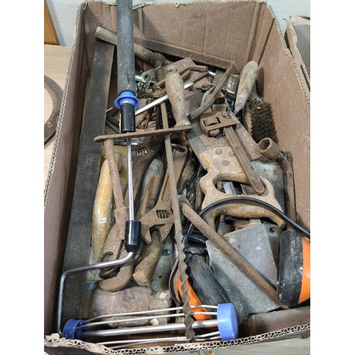 402 - 2 boxes of shed odds including a collection of vintage sickles, plasterers floats, gas blow torch, h... 