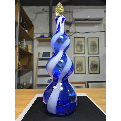 216 - Stunning Tall Glass Genie Bottle with stopper, Christalleria Artistica Toscana Empoli, in blue with ... 