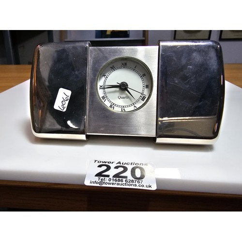 220 - Vintage Chrome cased quartz travel clock in full working order, length when extended is 14cm, height... 