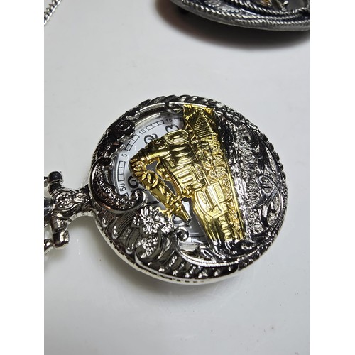 222 - As new ornate pocket watch with a locomotive design along with Siskiyou American belt buckle with a ... 