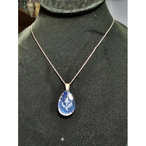 243 - Iridized Glass pendant with an engraved Scottish Thistle design, set on a 20