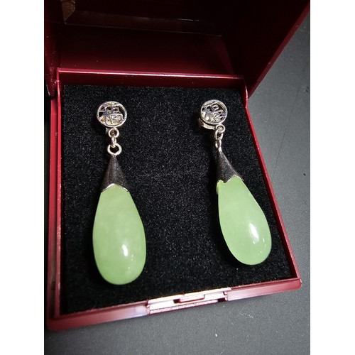 246 - Pair of Asian stunning 925 silver earrings set with large Genuine Jade (tested) drops, in good clean... 