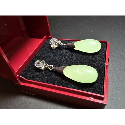 246 - Pair of Asian stunning 925 silver earrings set with large Genuine Jade (tested) drops, in good clean... 