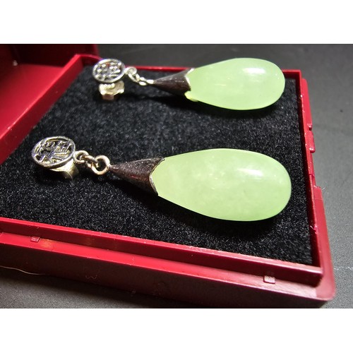 246 - Pair of Asian stunning 925 silver earrings set with large Genuine Jade (tested) drops, in good clean... 