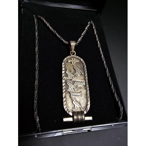 256 - 925 silver Egyptian hieroglyphics cartouche pendant set on a good long 21